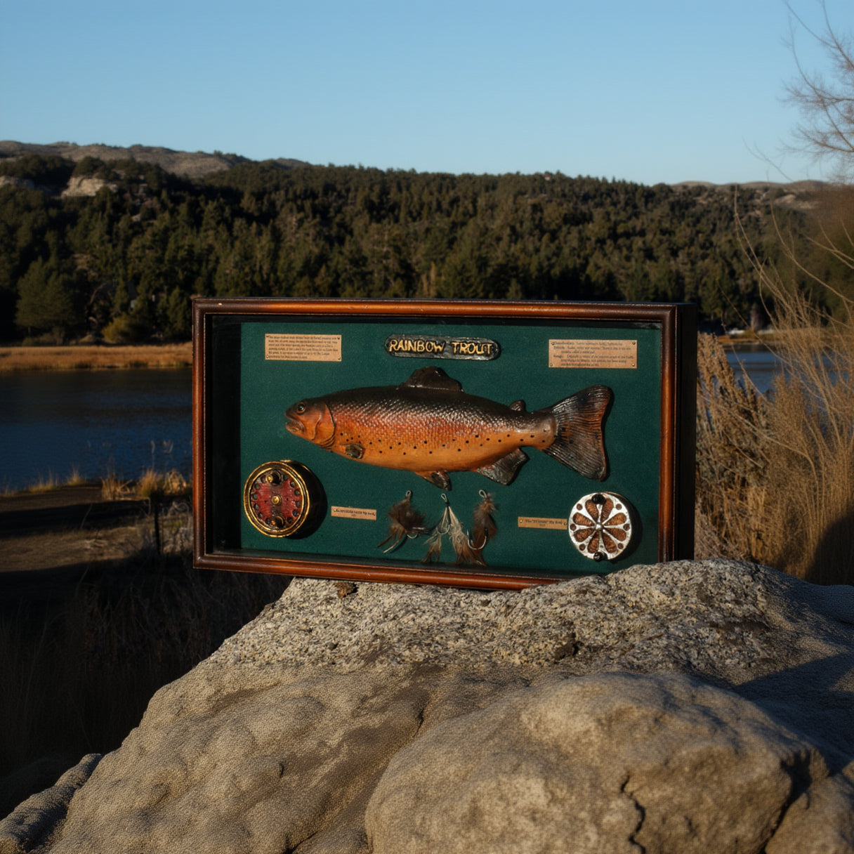 Framed Rainbow Trout fishing shadow box featuring a realistic trout sculpture, vintage-style fishing reels, fly lures, and educational species plaques in a rustic wood display case measuring 20 x 11 inches.