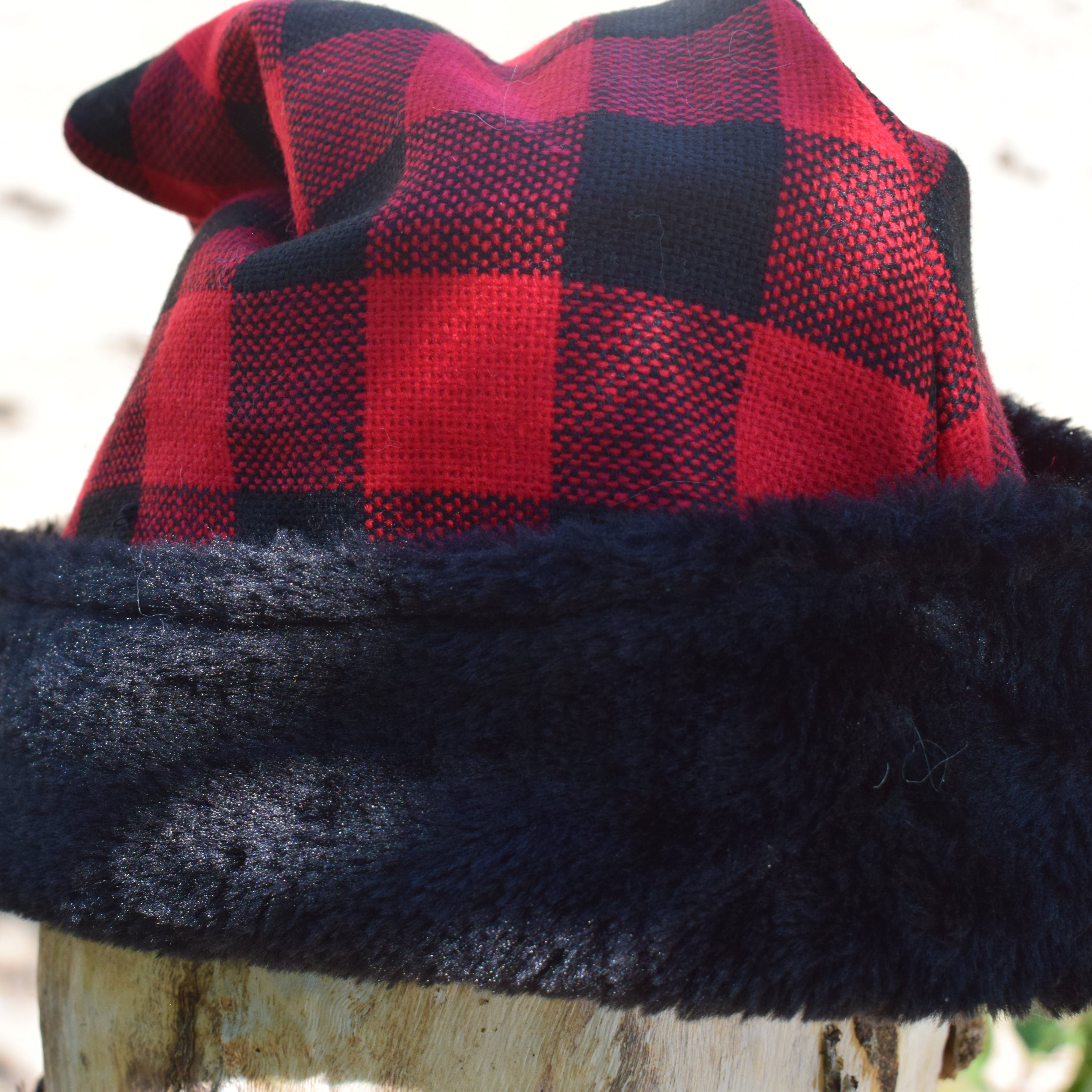 Merry Brite Red Plaid Santa Hat with black Fluffy Trim Adult Size