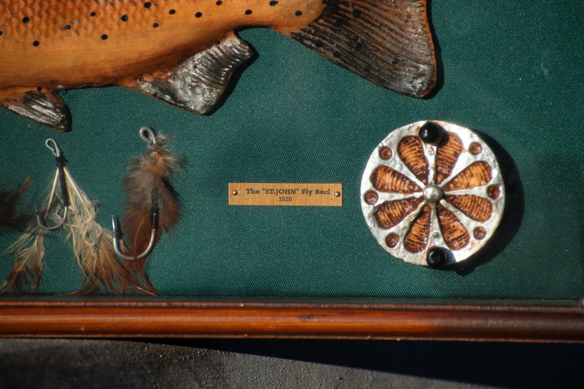 Rainbow Trout Fishing Shadow Box Display with Vintage Reels, Fly Lures & Educational Species Plaques – 20" x 11"