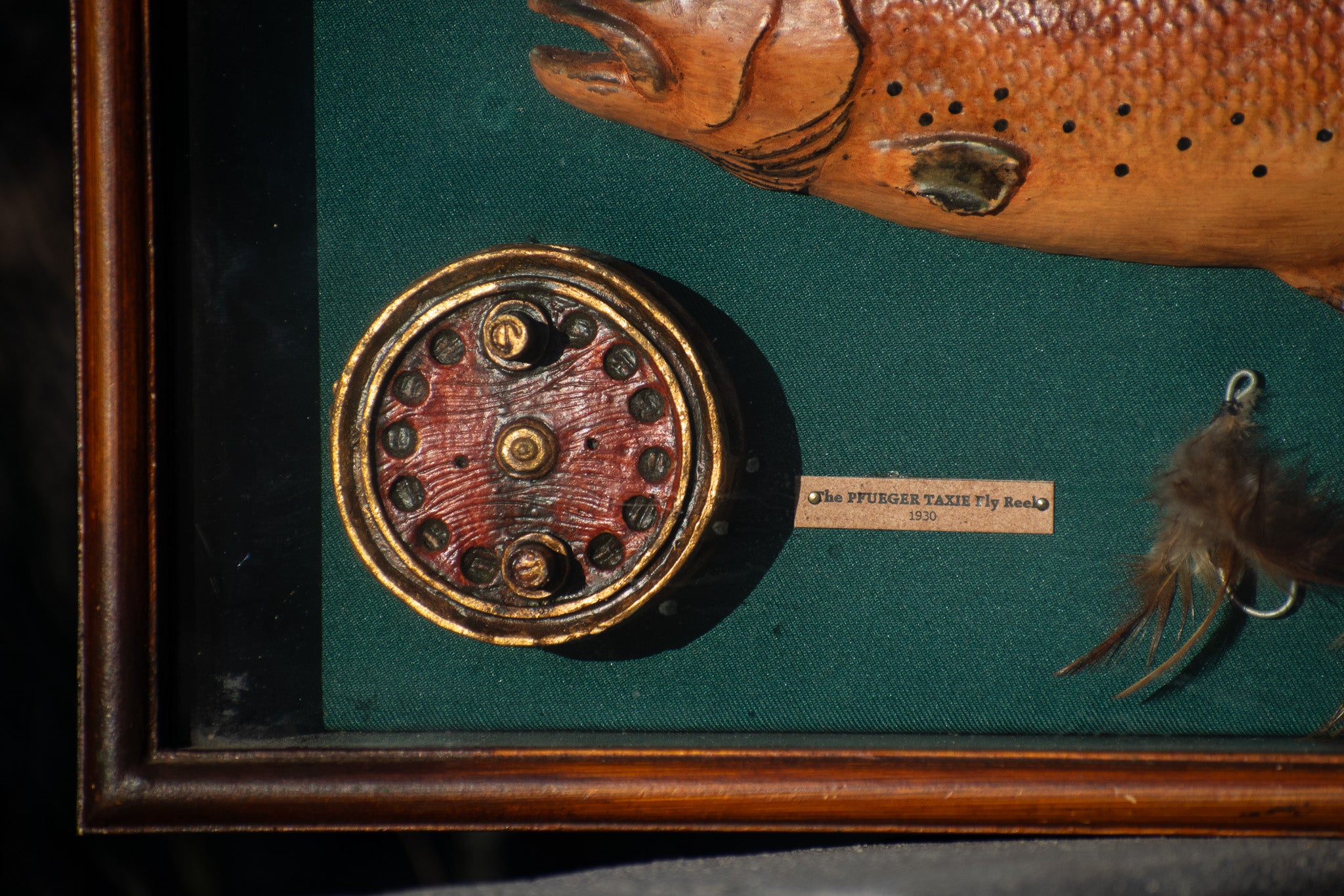 Rainbow Trout Fishing Shadow Box Display with Vintage Reels, Fly Lures & Educational Species Plaques – 20" x 11"