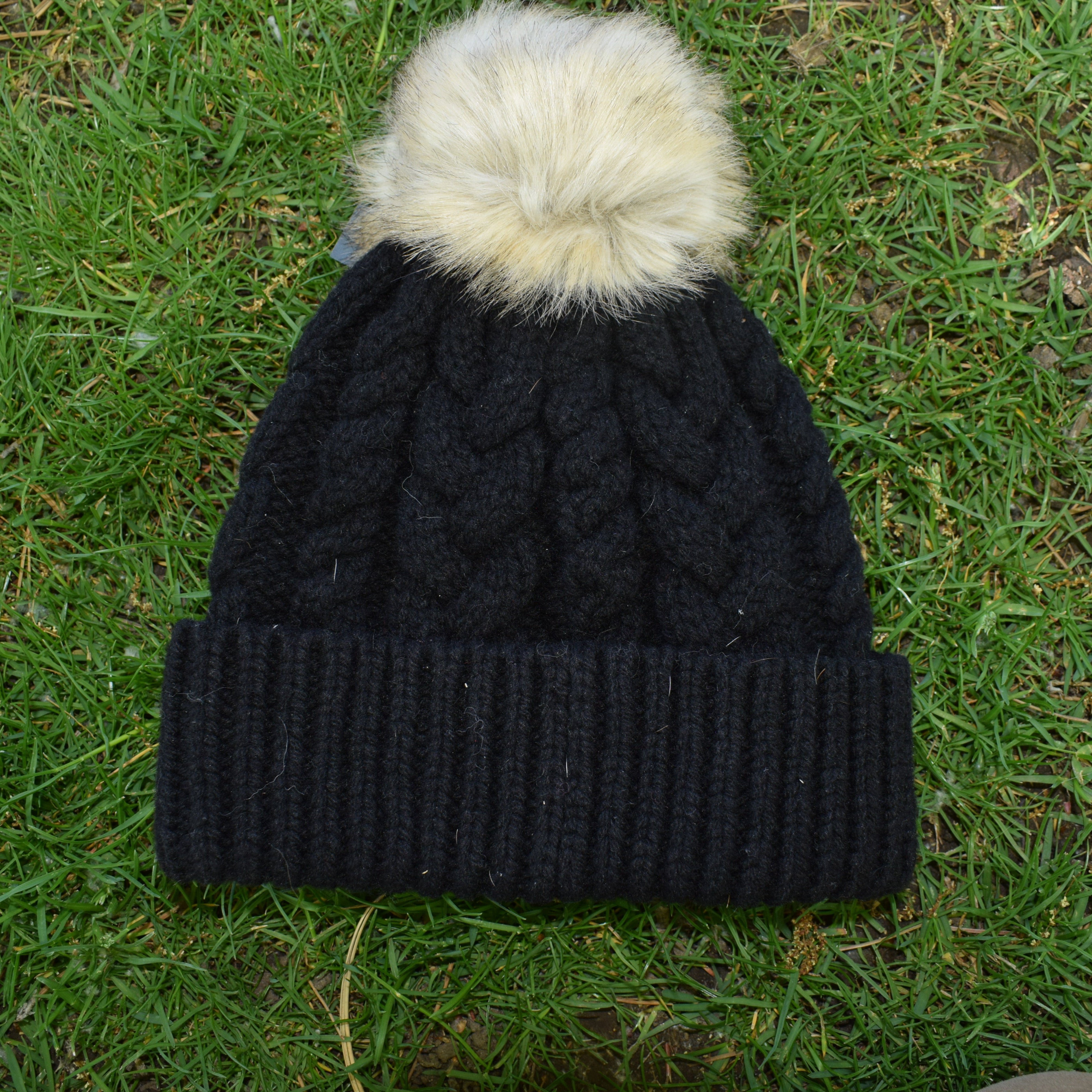 Cable Knit Lambswool Pendleton Beanie with Puff