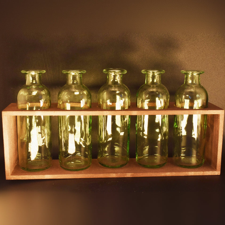 5-Piece Green Jar Decanter Set with Wood Holder