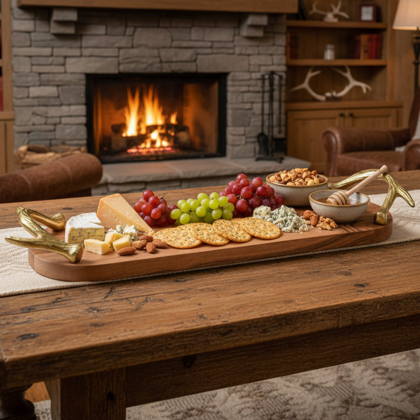 Wooden Tray with Golden Antler Handles