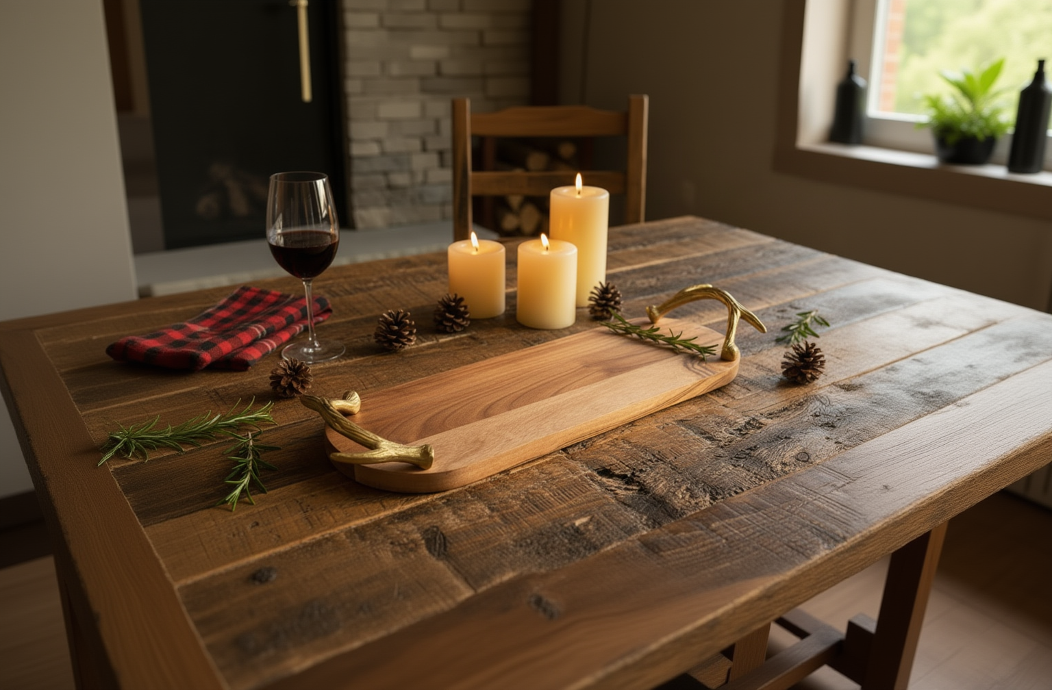 Wooden Tray with Golden Antler Handles