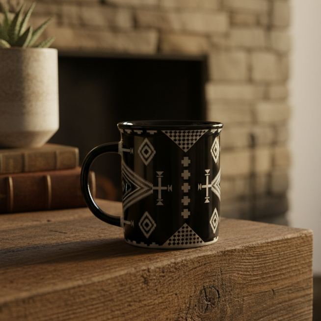 Pendleton 18 oz Ceramic Los Ojos Mug Black and White Aztec Design
