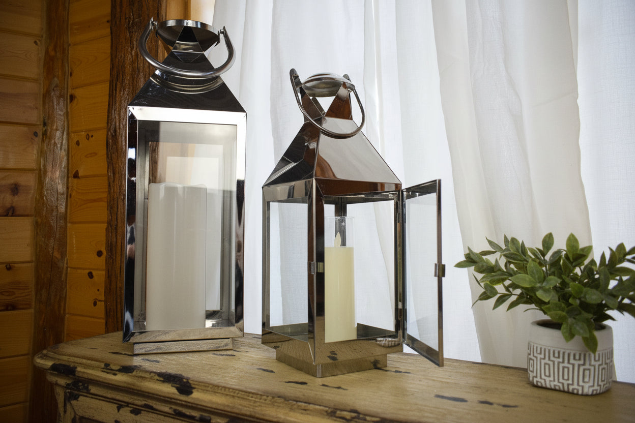 Silver Metal Glass Candle Holder Lantern Set of 3