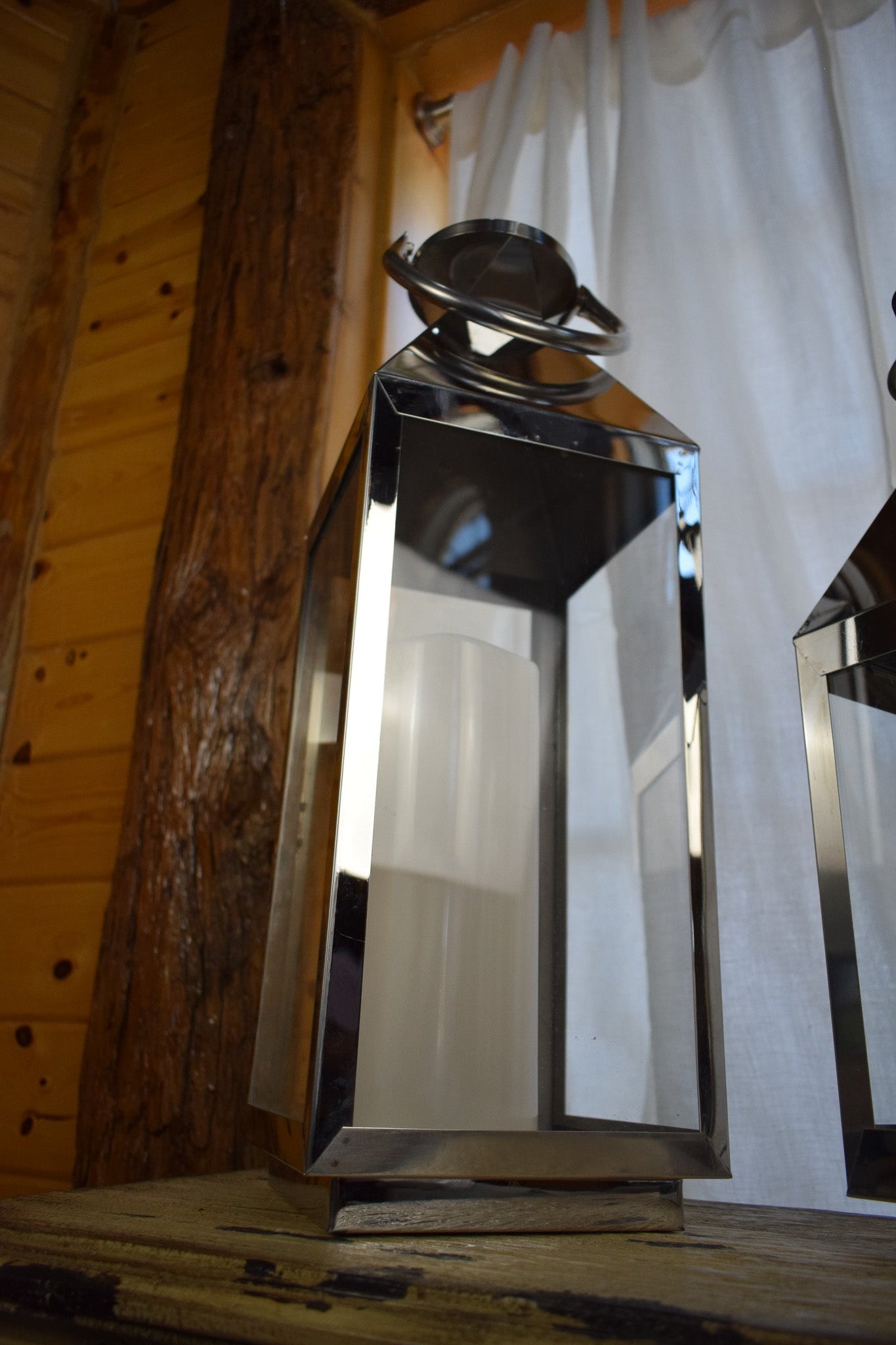 Silver Metal Glass Candle Lantern 14"
