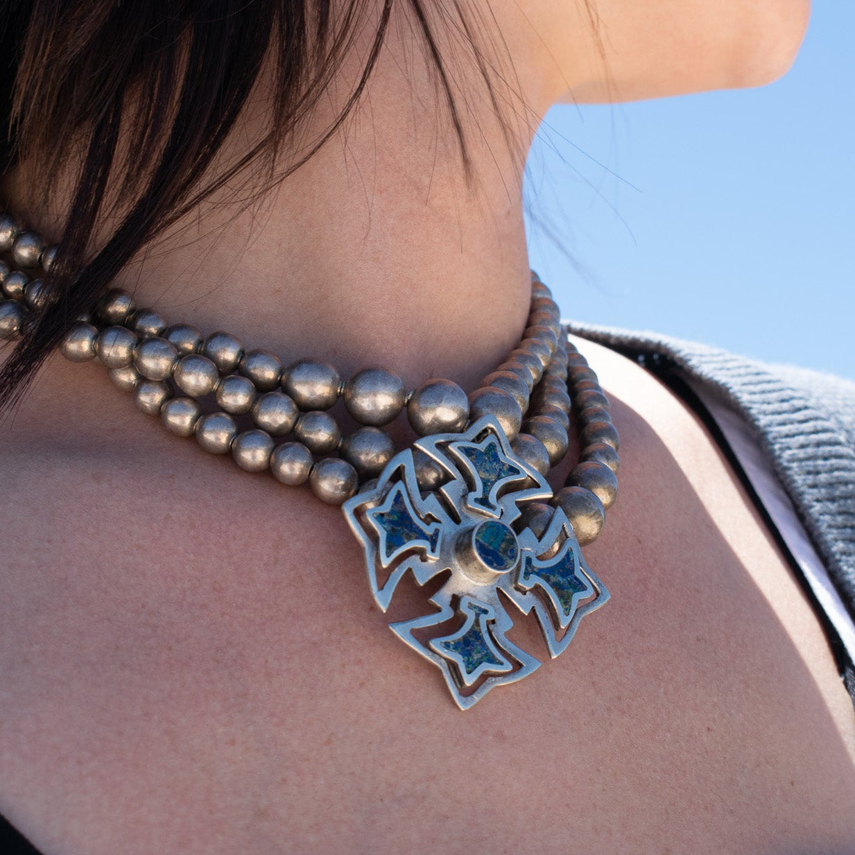 Vintage Mexican Miguel Melendez Sterling Silver Lapis Lazuli Canterbury Cross Pendant on Sterling Silver Bench Bead Necklace with Three Layers