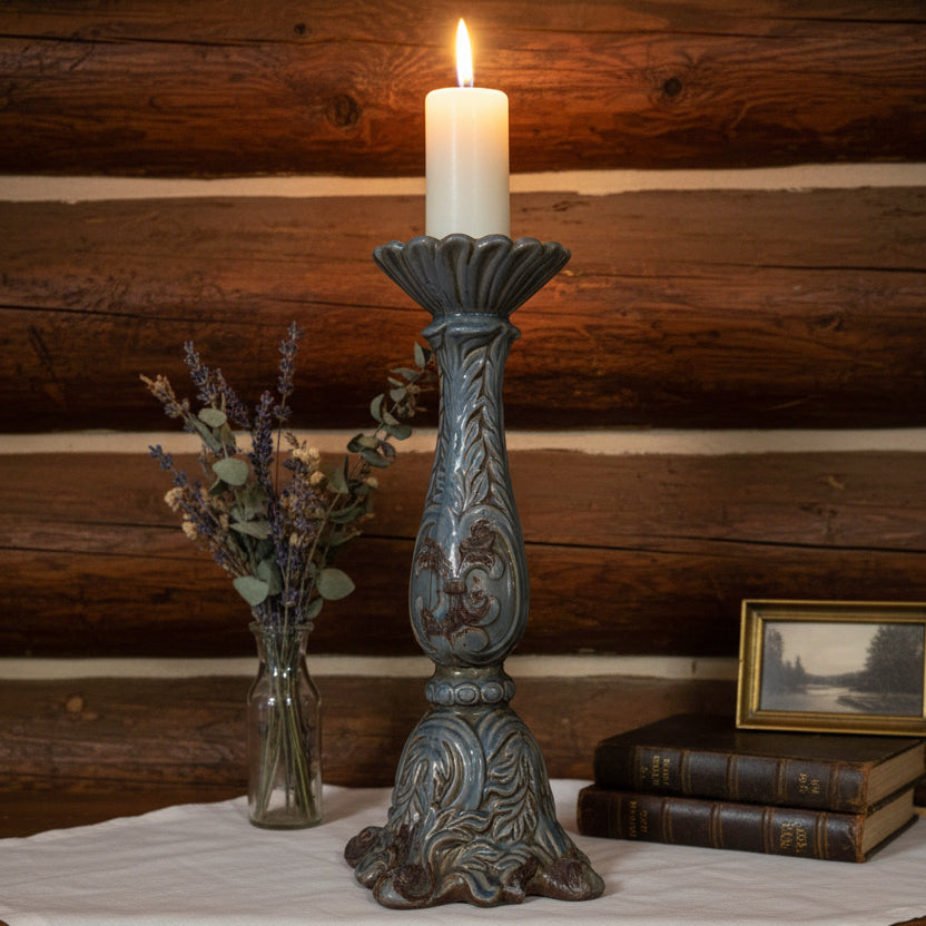 Ceramic Dusty Blue Rustic Candle Stick with Etched Leaf Detail