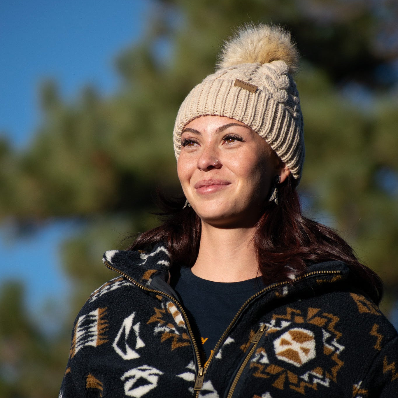 Cable Knit Lambswool Pendleton Beanie with Puff