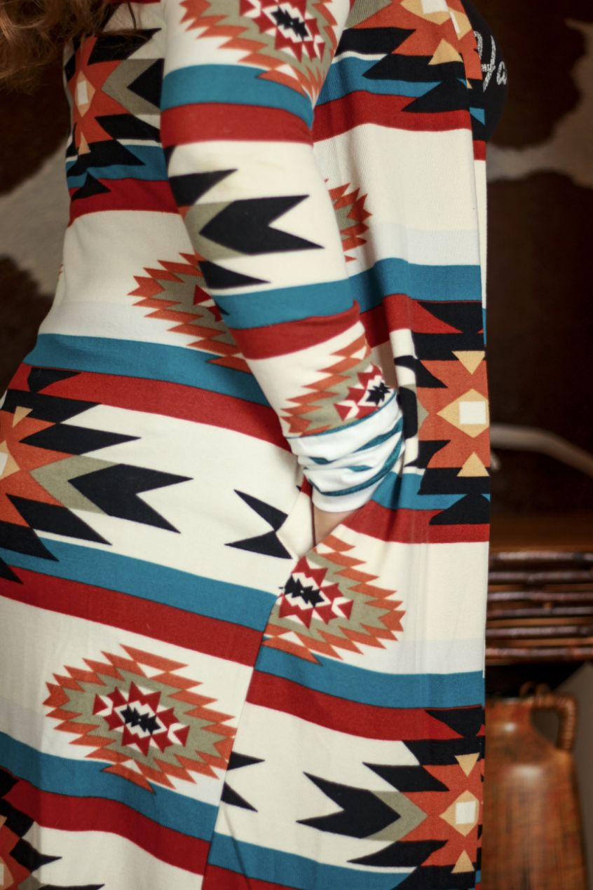 Southwestern Aztec Long Cardigan Duster Sweater Cream Tribal Print Size S