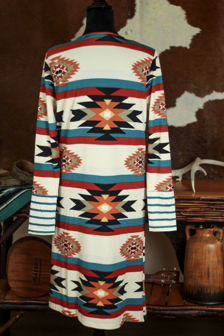 Southwestern Aztec Long Cardigan Duster Sweater Cream Tribal Print Size S