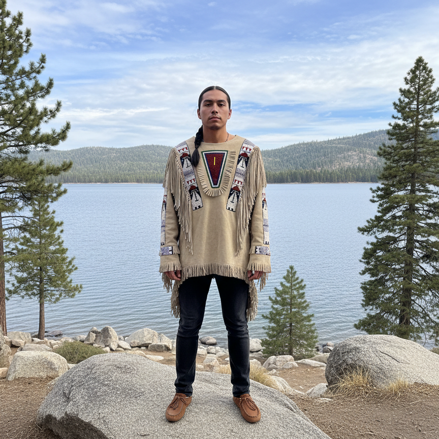 Native American Buffalo Hide Powwow Regalia Hand Beaded War Shirt with Fringe Size Large