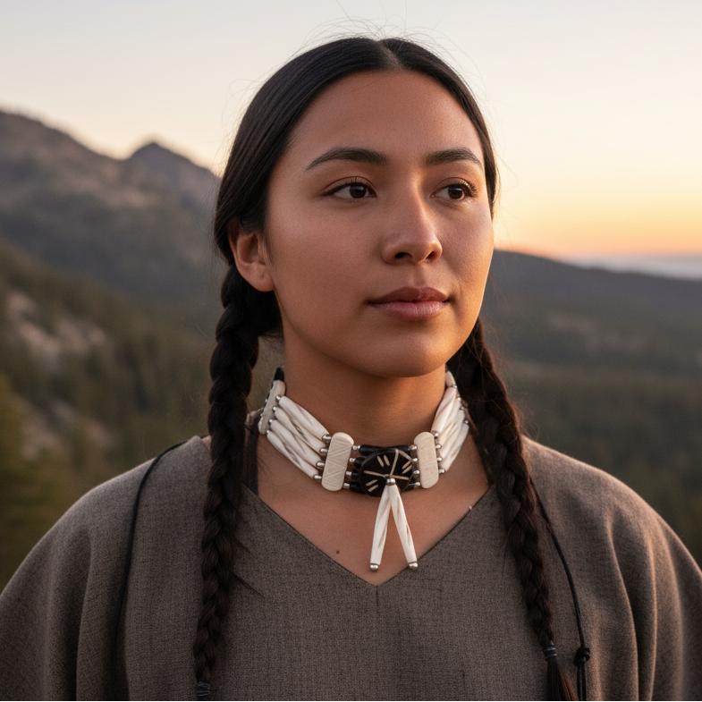 Buffalo Bone 4 Line Choker Beaded Trible Native American Choker Necklace Brown and White
