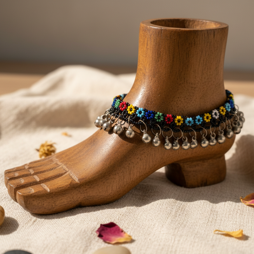 Afghan Kuchi Trible Bell Anklets Featuring Multicolored Beads and Metal Bells