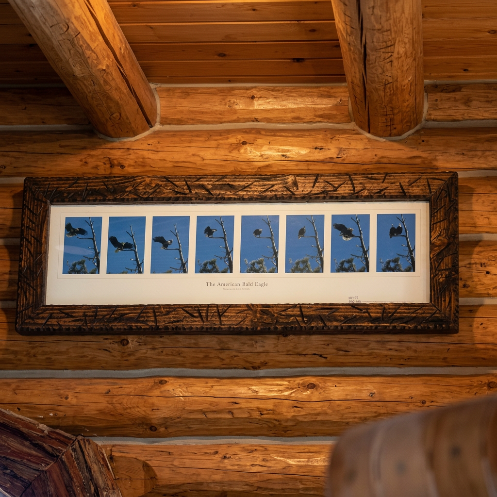 Framed American bald eagle print by Robert R Fletcher showing eagle flight sequence panoramic wall art