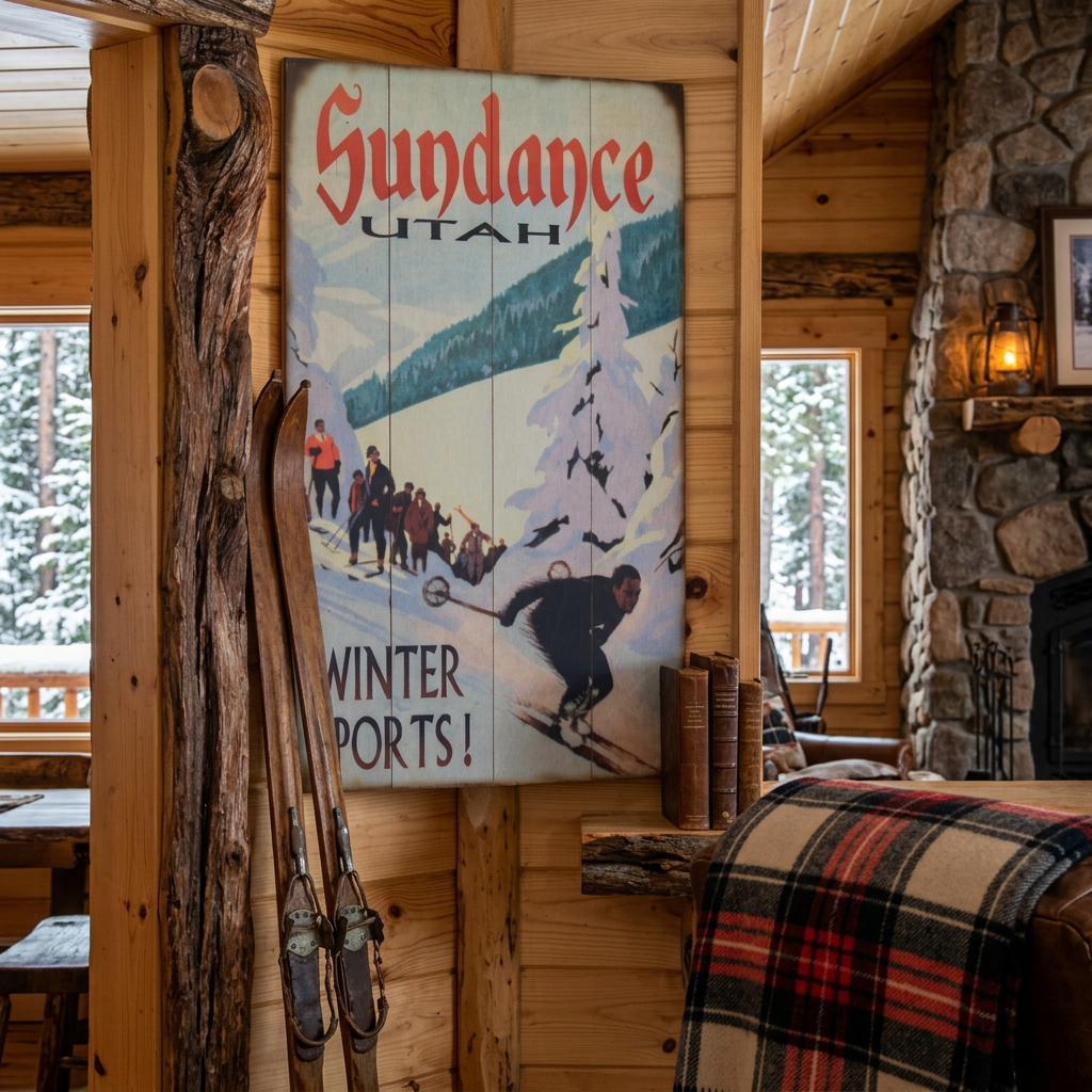 large vintage style Sundance Utah winter sports wooden wall sign featuring skiers snowy mountain landscape and rustic lodge decor style