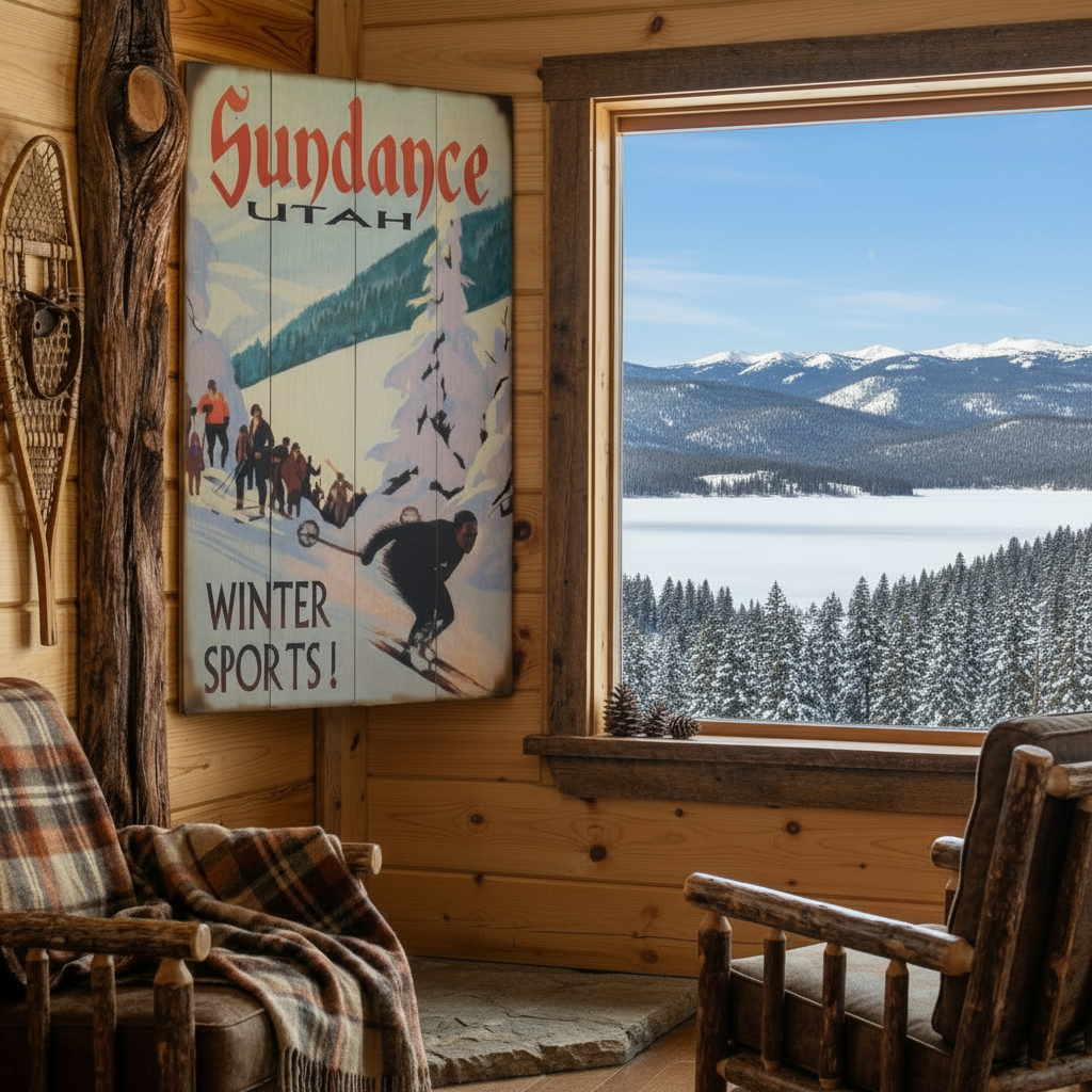 large vintage style Sundance Utah winter sports wooden wall sign featuring skiers snowy mountain landscape and rustic lodge decor style