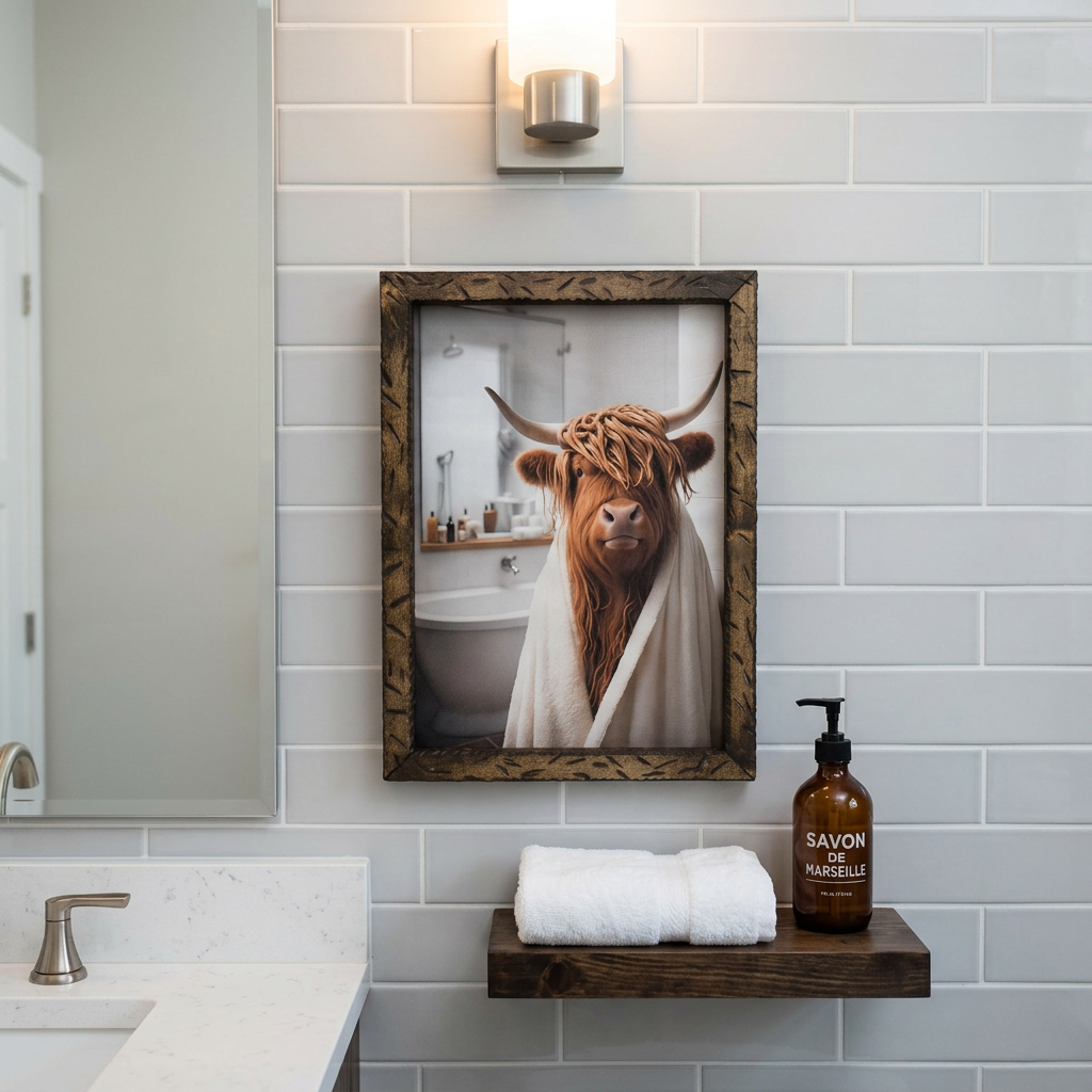 Highland Cow Canvas Wrapped Cozy In A Towel With a Custom Wood Frame