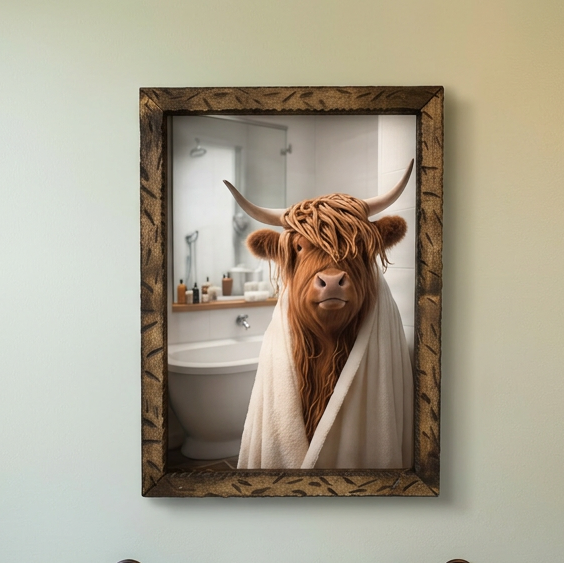 Highland Cow Canvas Wrapped Cozy In A Towel With a Custom Wood Frame