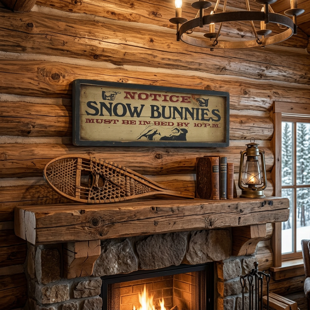 Retro 1970s Wooden Sign "NOTICE SNOW BUNNIES MUST BE IN BED BY 10PM"