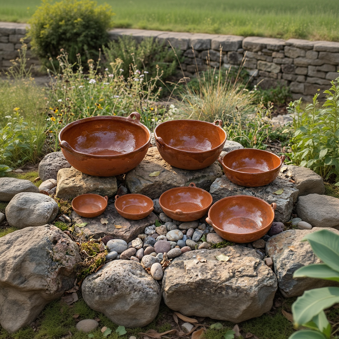 Set of Seven Vintage Handmade Mexican Primitive Rustic Redware Nesting Tericata Bolwls