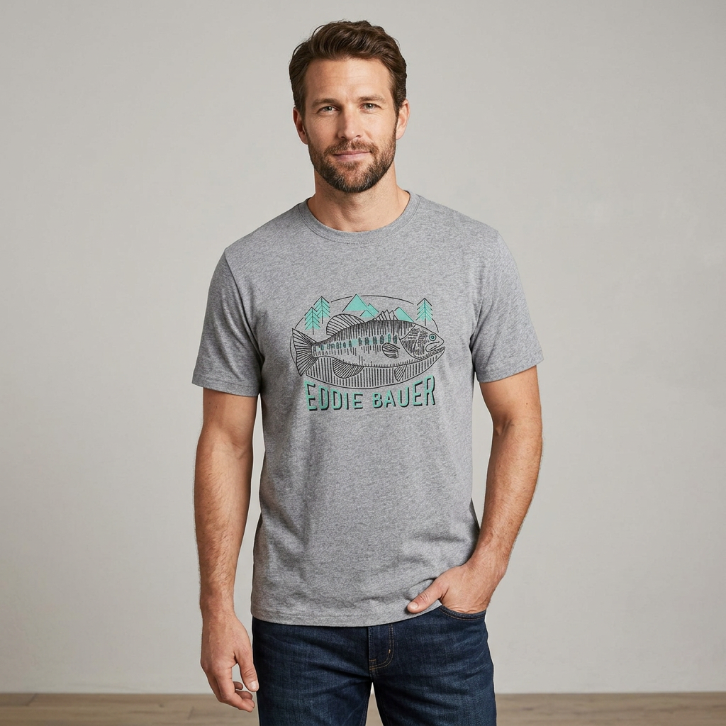 Eddie Bauer Heather Grey T-shirt Fishing Camp Graphic (Exclusive Design)