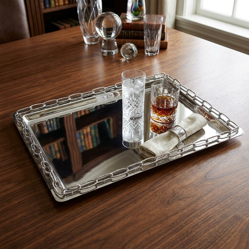 Stainless Steel Tray Classic Serving Tray with Chain Link Border