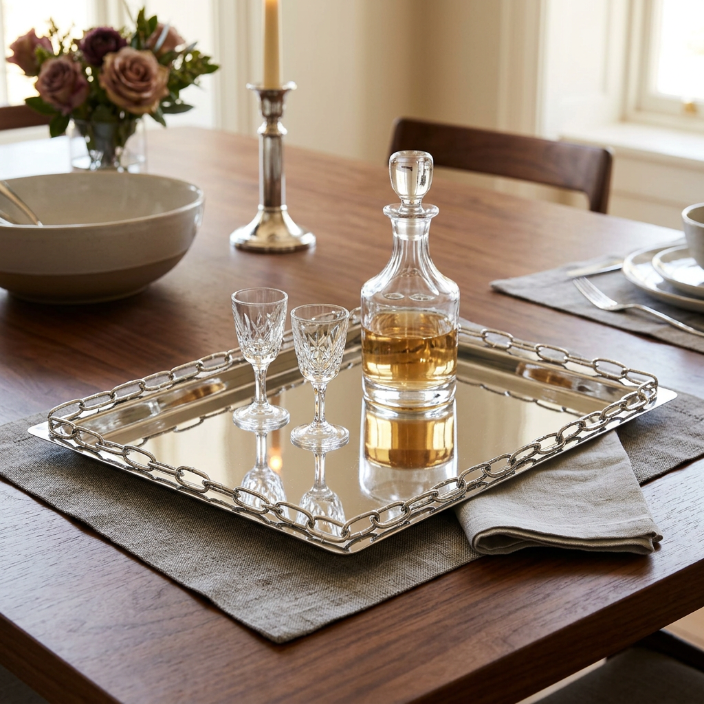 Stainless Steel Tray Classic Serving Tray with Chain Link Border