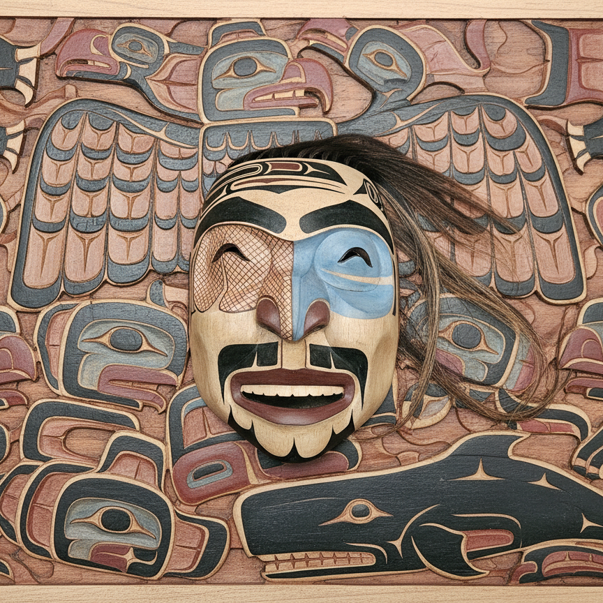 Hand-Carved Northwest Coast Indigenous Wooden Mask Nuxalk and Nuu-chah-nulth People Style Representing Figures like the Raven in Human Form