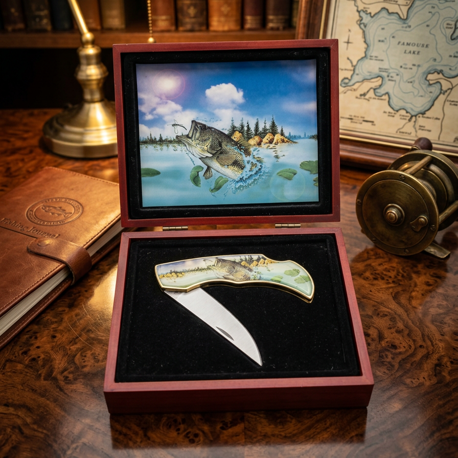 Bass Fishing Pocket Knife with Largemouth Artwork Handle in Red Gift Box