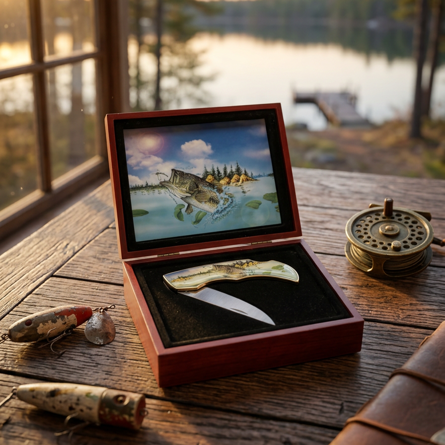 Bass Fishing Pocket Knife with Largemouth Artwork Handle in Red Gift Box