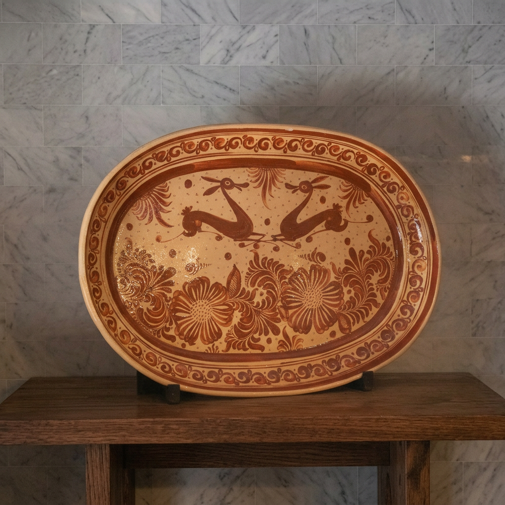 Rare Authentic Antique 1940s Traditional Talavera Hand Throw Red Clay Earthenware Pottery Large Makers Stamp Mexican Serving Platter with Beautifully Hand Painted Custom Glaze Animal Scene