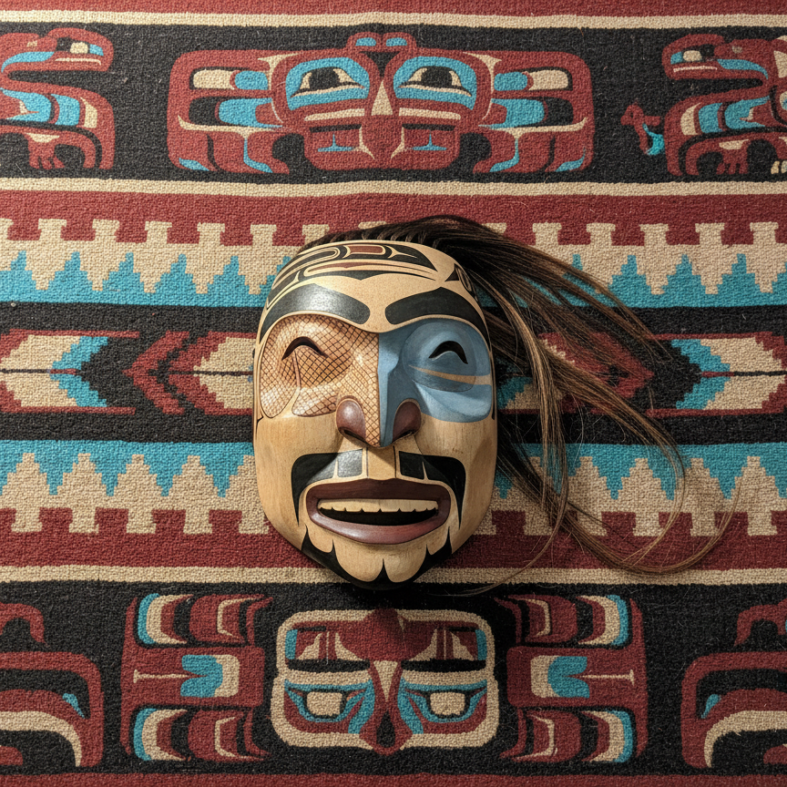 Collectable Hand-Carved Northwest Coast Indigenous Wooden Mask Nuxalk and Nuu-chah-nulth People Style Representing Figures like the Raven in Human Form