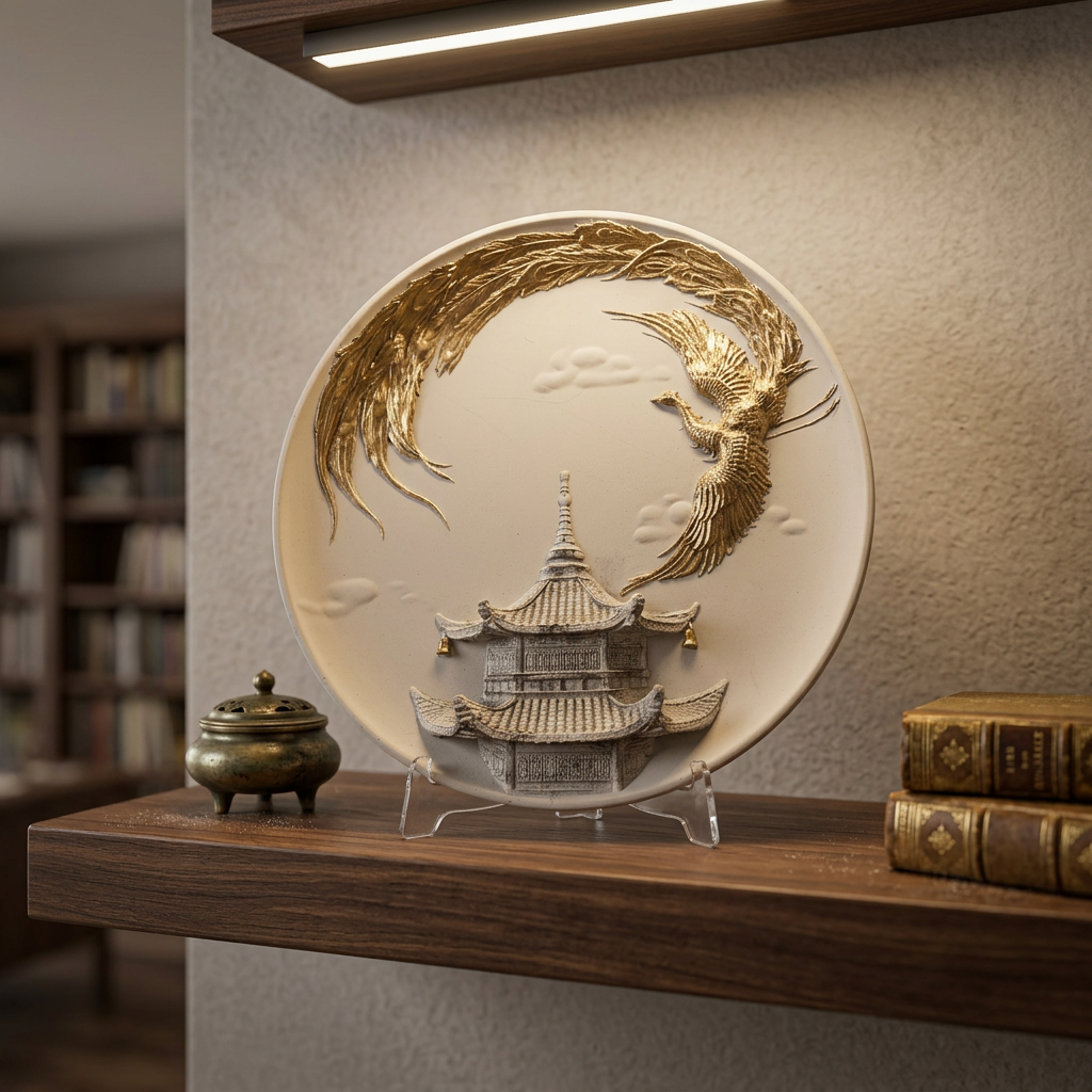 White Display Plate With Gold Accents Of a Phoenix