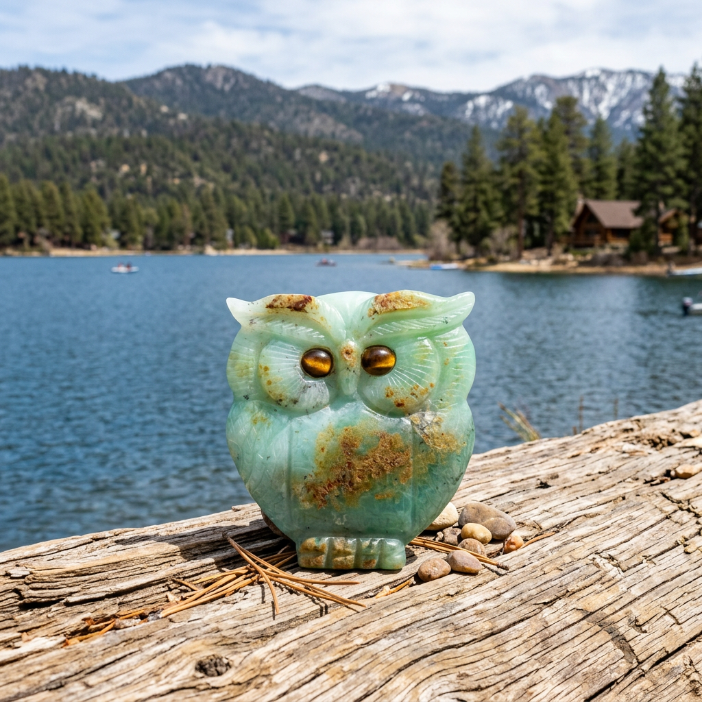 Green Chalcedony Carved Owl With Tigers Eye For Eyes