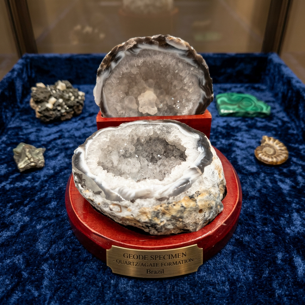 Split Agate Geode With Quartz Crystals On Wood Display Stand