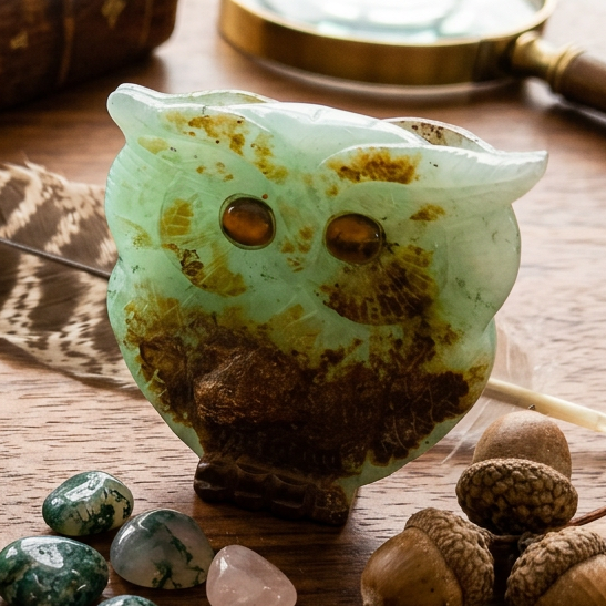 Green Chalcedony Carved Owl With Tigers Eye For Eyes