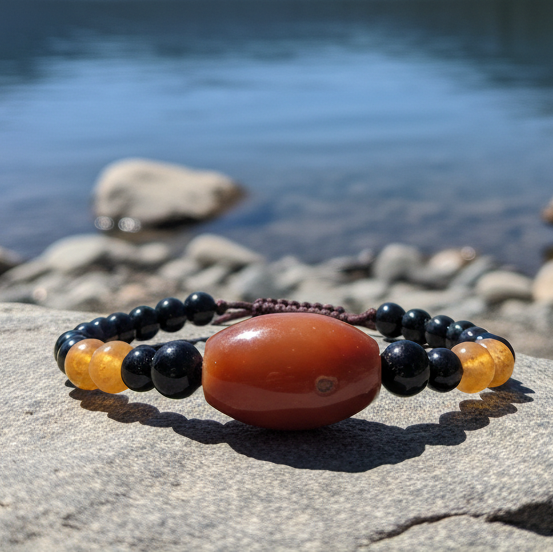 Bead Adjustable Bracelet With Black Onyx And Carnelian Agate