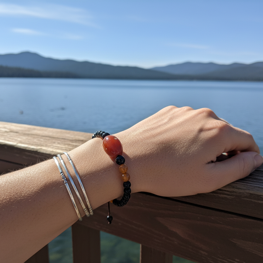 Bead Adjustable Bracelet With Black Onyx And Carnelian Agate