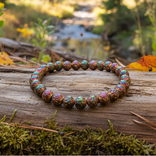 Rainbow-Coated Lava Rock Beaded Stretch Bracelet