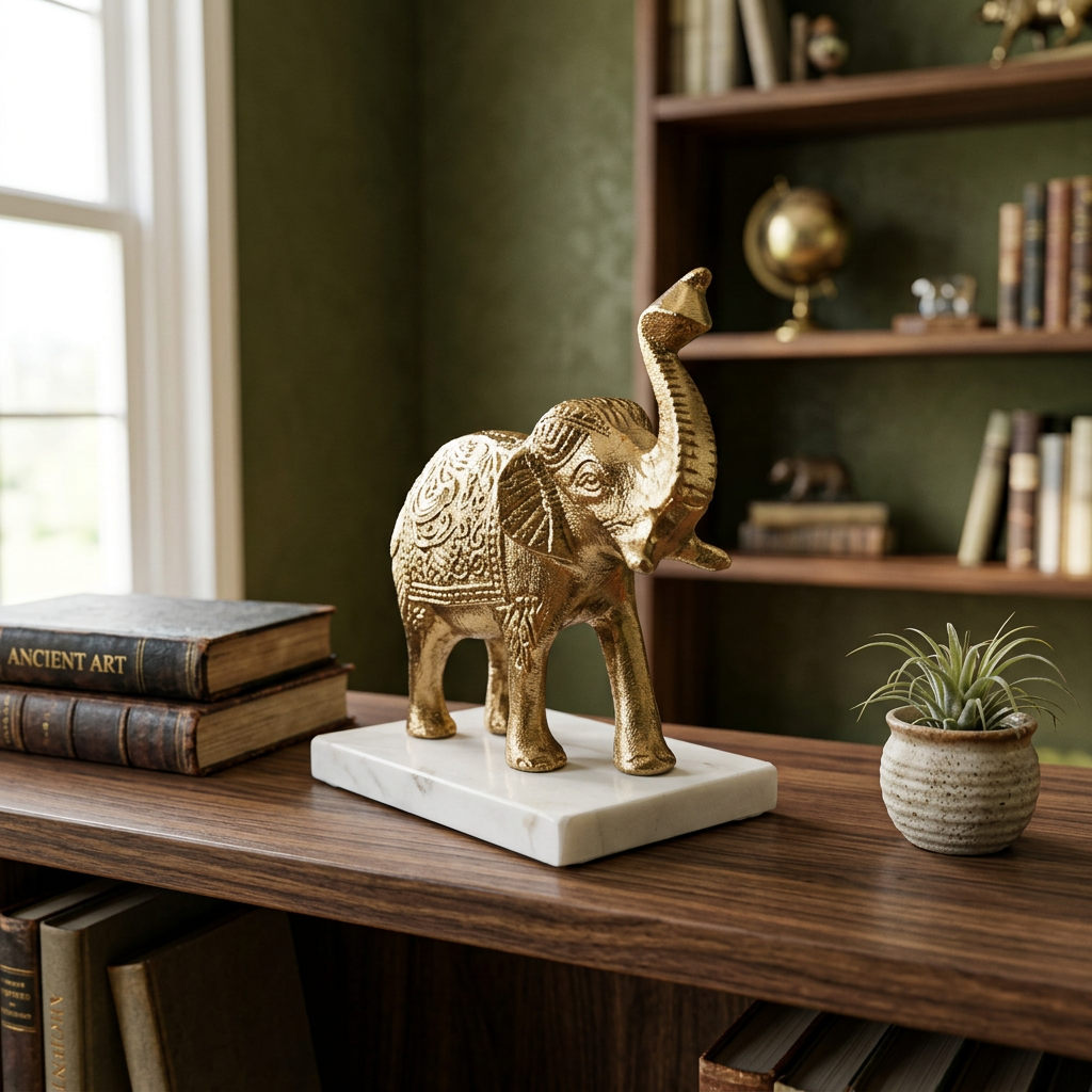 Golden Elephant On White Marble Base