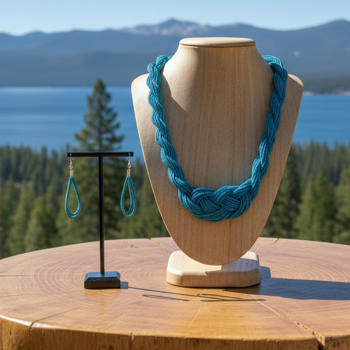 A Standing Ovation Blue Seed Knot Necklace And Earring set From Paparazzi