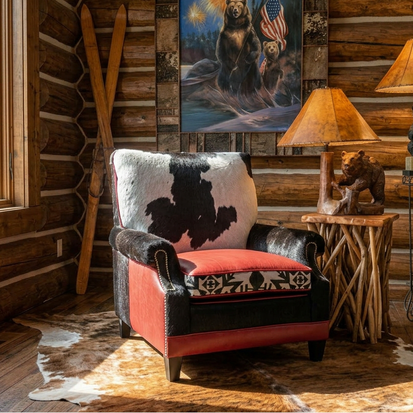 Newly Restyled Antique Chair with Pendleton Accent Fabric 1930's-1940s Burgundy Red Leather Southwestern Style Chair with Black White Cowhide and Solid Hardwood Frame