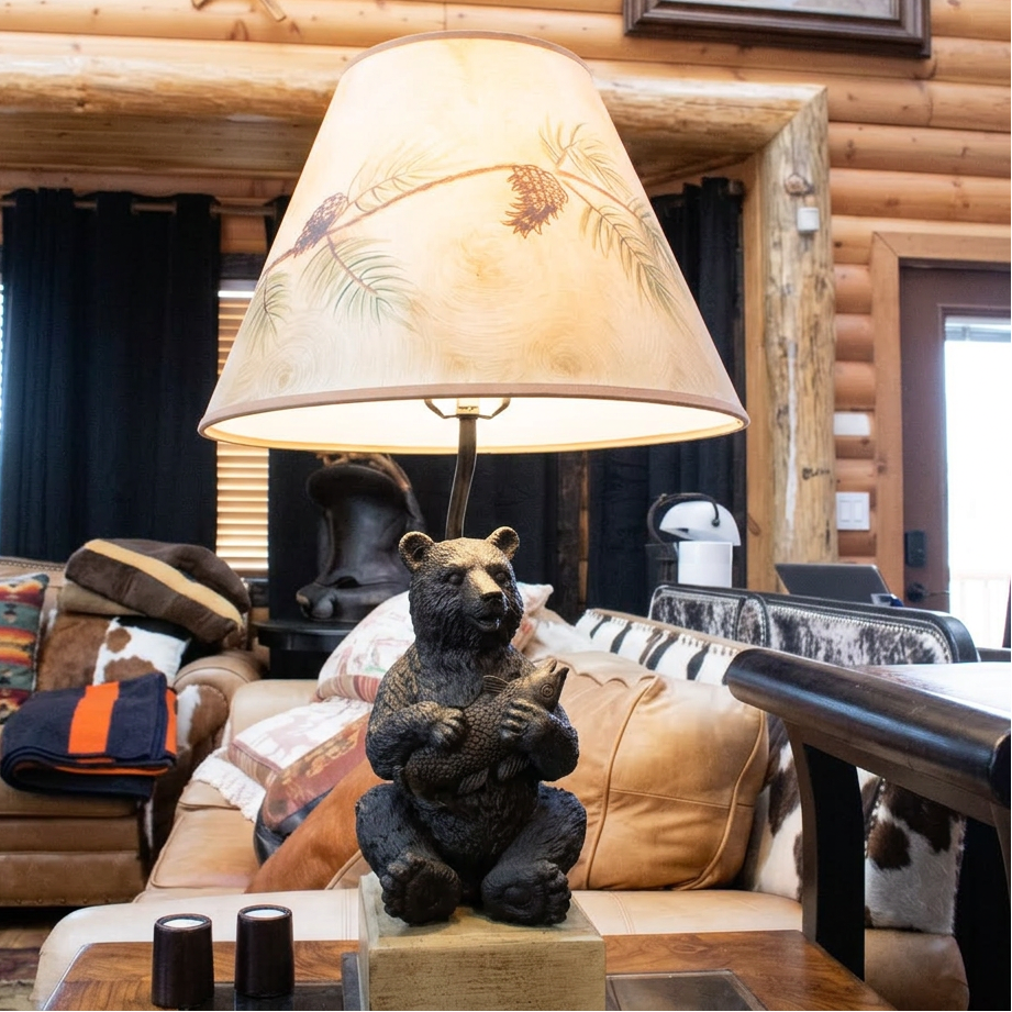 Decorative Black Bear Lamp with Fish and Nature Inspired Lampshade