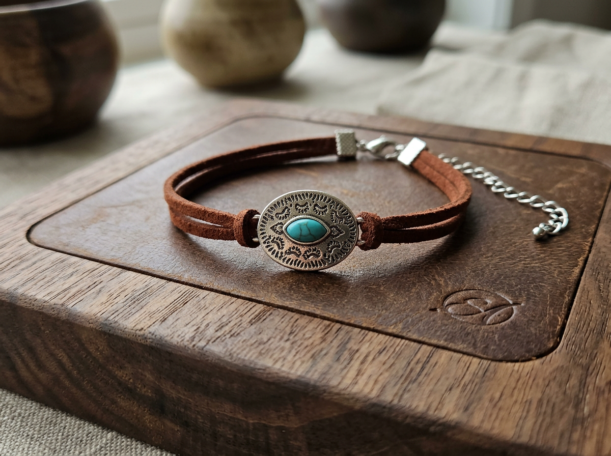 Western Boho Brown Suede Bracelet with Turquoise Accent