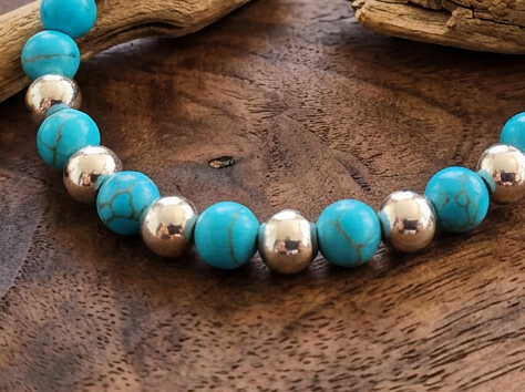 Turquoise & Silver-Tone Beaded Stretch Bracelet