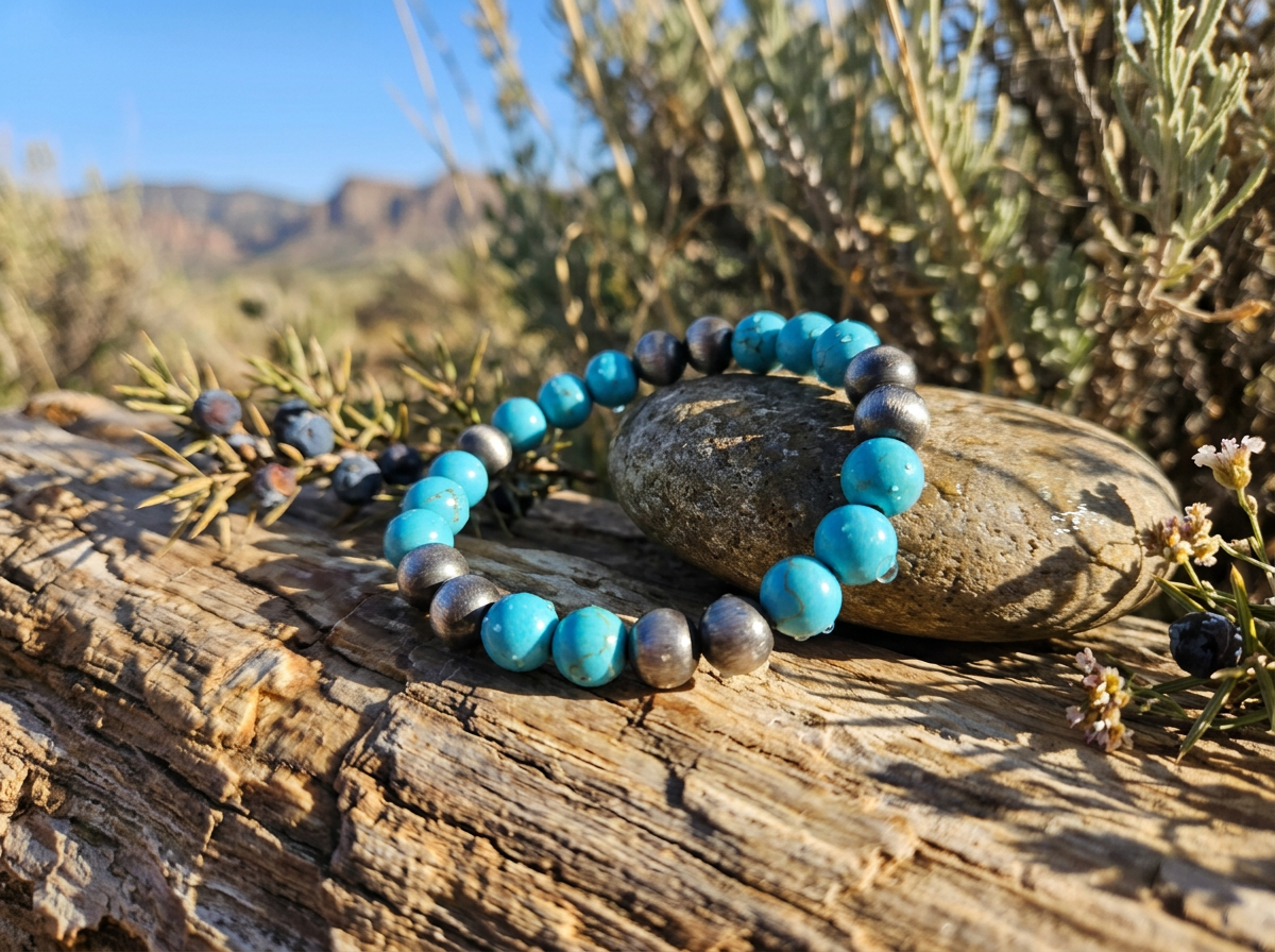 Turquoise & Charcoal Beaded Stretch Bracelet