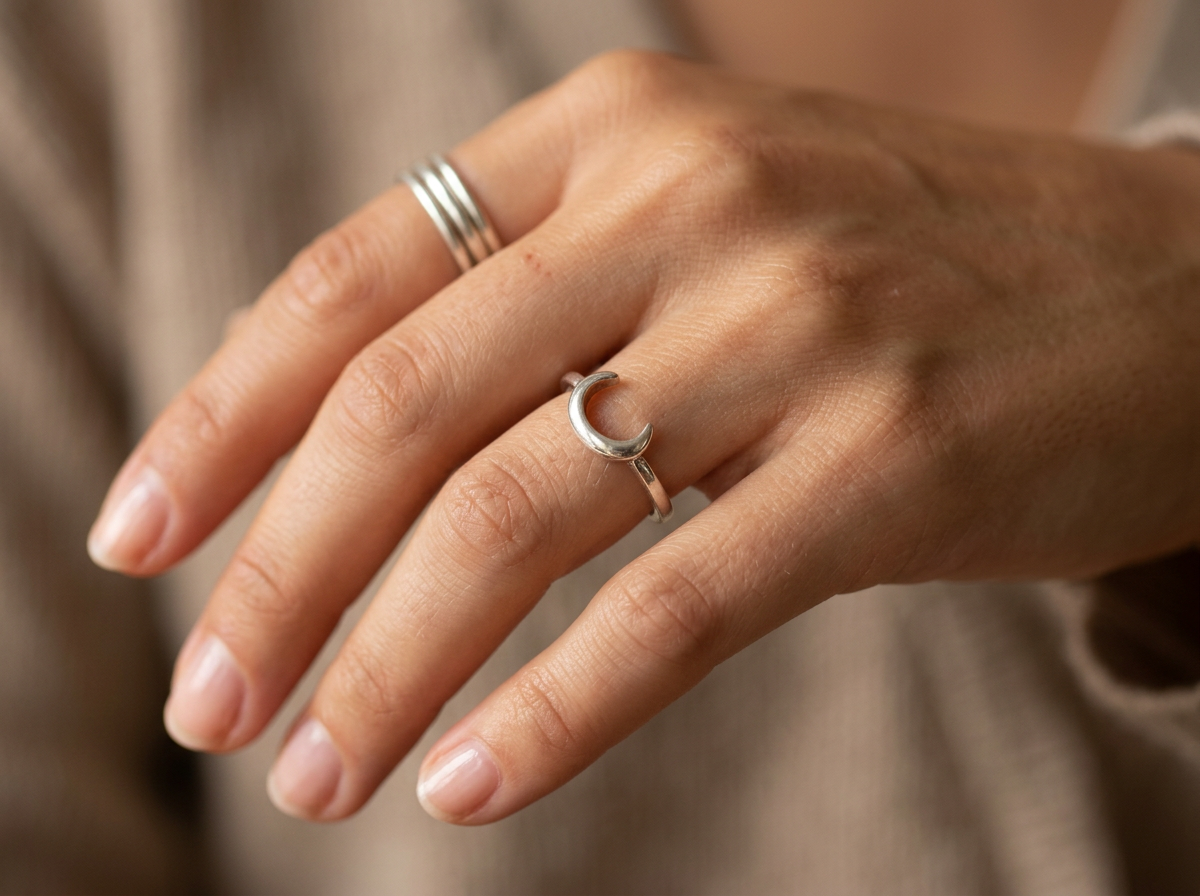 Silver-Tone Crescent Moon Statement Ring – Size 5