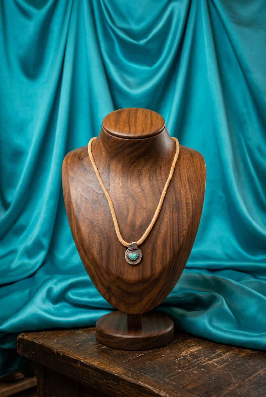 Indian Coin Pendant Necklace with Turquoise Accent on Tan Cord
